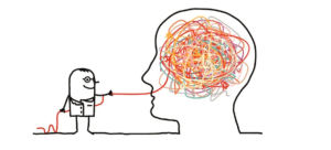 Ilustración de un psicólogo desenredando los pensamientos enmarañados de una persona, sobre cómo elegir un psicólogo